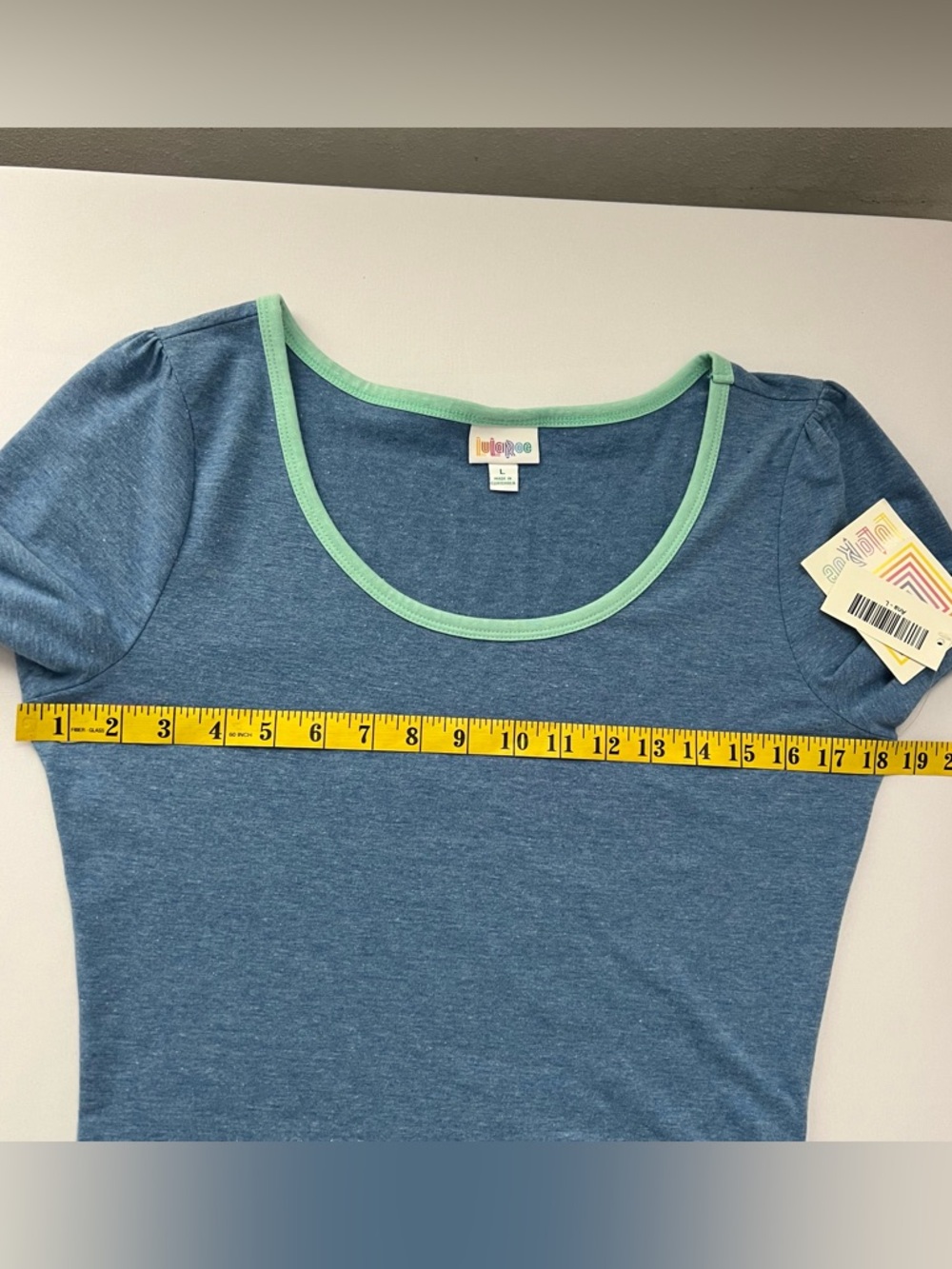 LuLaRoe Ana Maxi Dress  Boho Blue Heather with Mint Trim Short Sleeves Size L - Picture 13 of 15